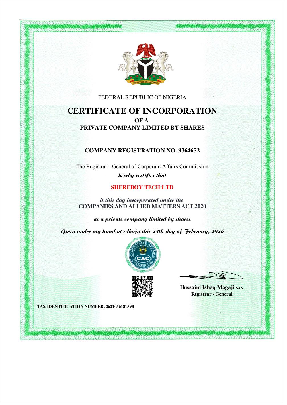 SHEREBOY TECH LTD CAC Certificate
